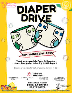 Diaper drive information with dates to donate 9/8-9/17 and locations of Lazy Daisy, JLC GMM, JLC Kendra Scott events, JLC HQ